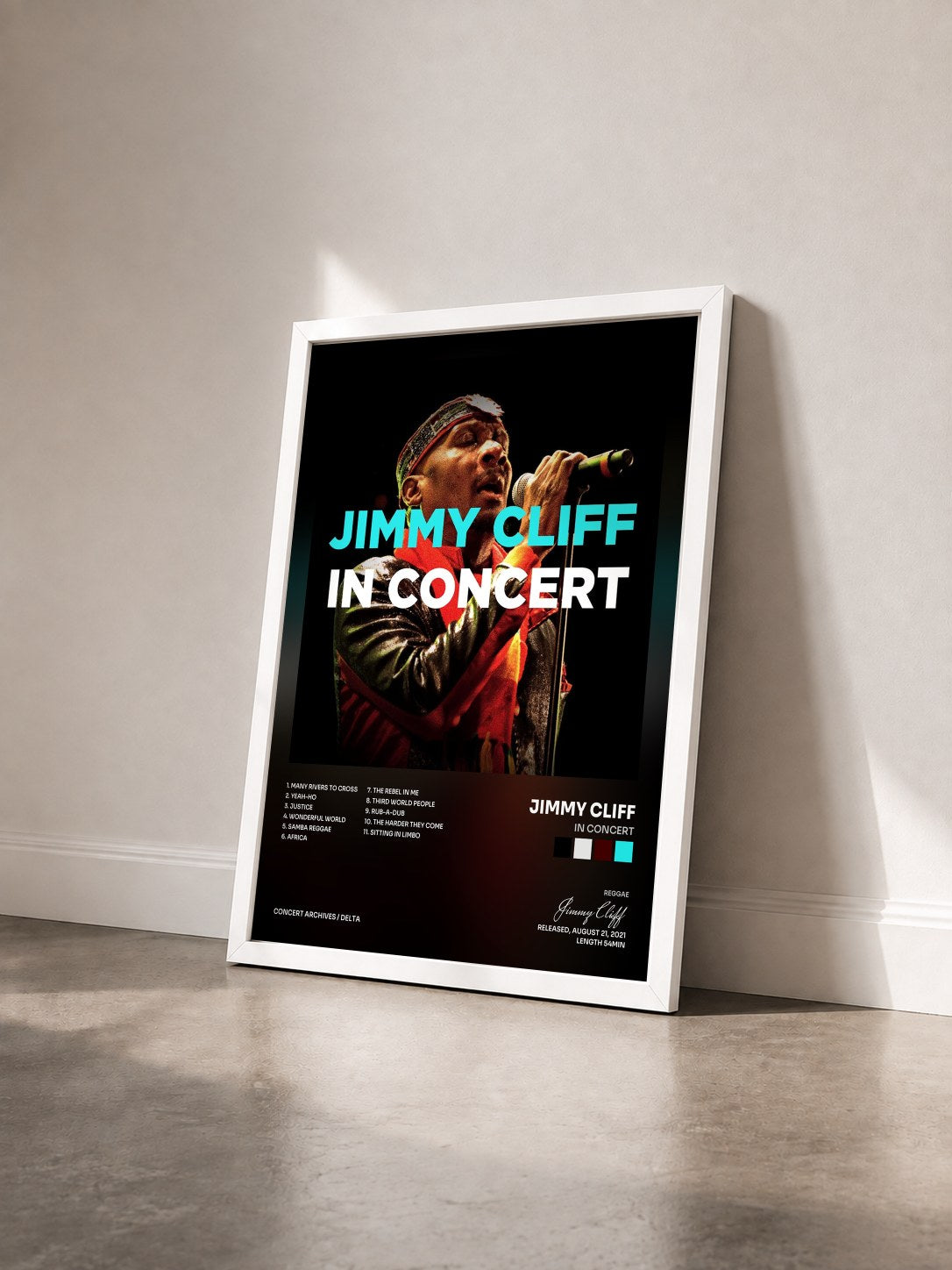 #blanc Tableau de l'album In Concert de Jimmy Cliff vu de trois quarts, cadre blanc