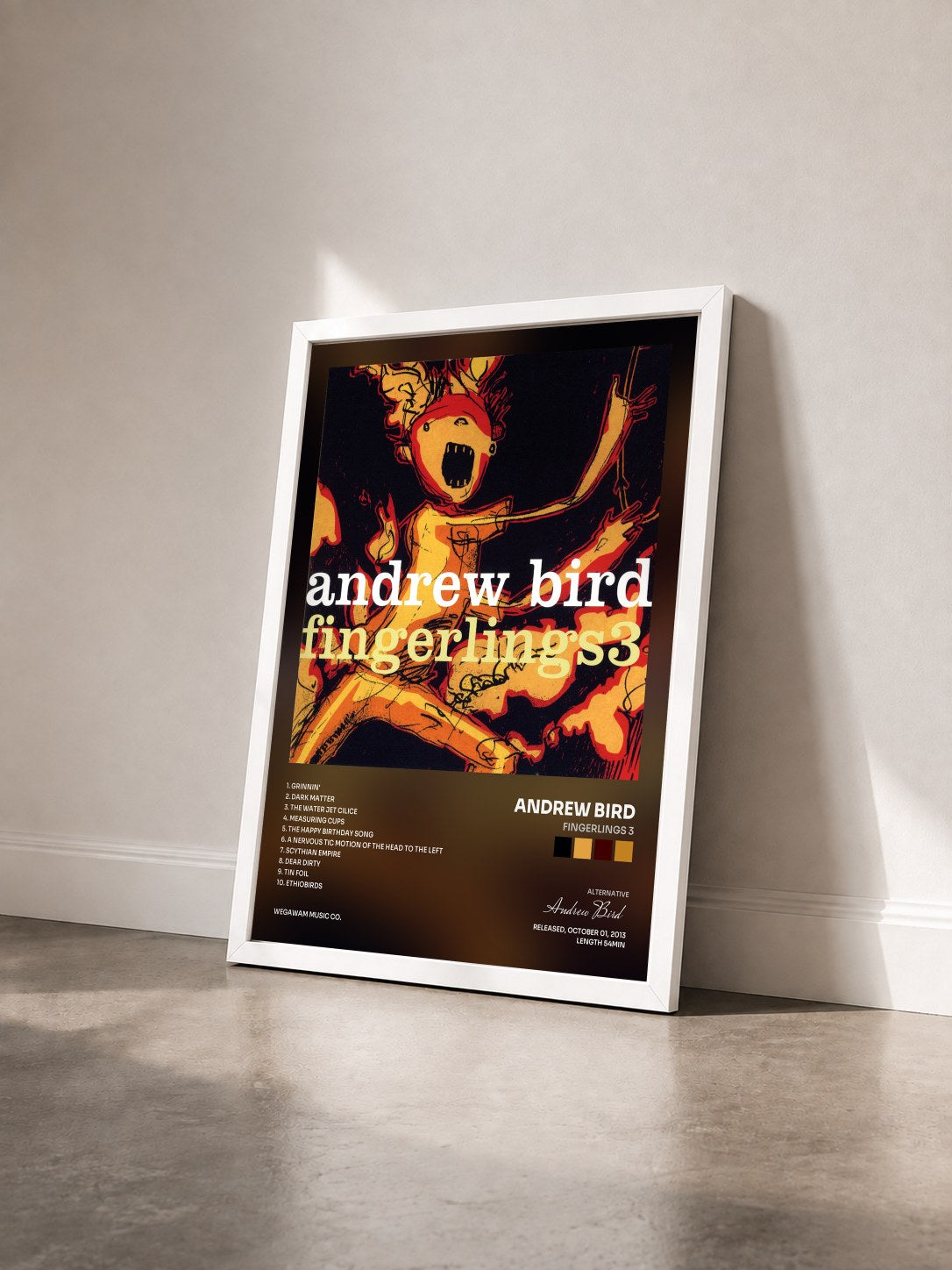 #blanc Tableau de l'album Fingerlings 3 de Andrew Bird vu de trois quarts, cadre blanc