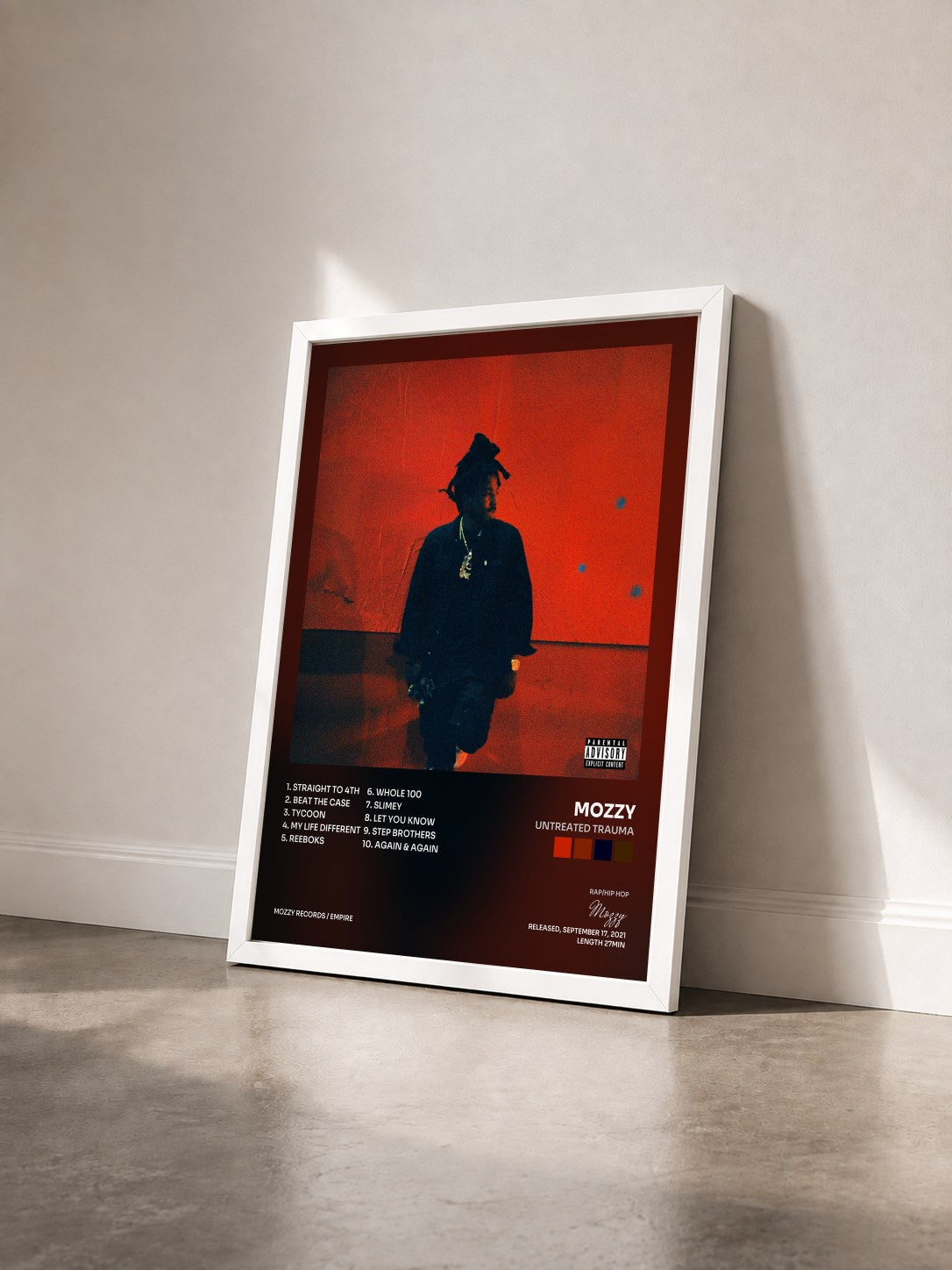 #blanc Tableau de l'album Untreated Trauma de Mozzy vu de trois quarts, cadre blanc