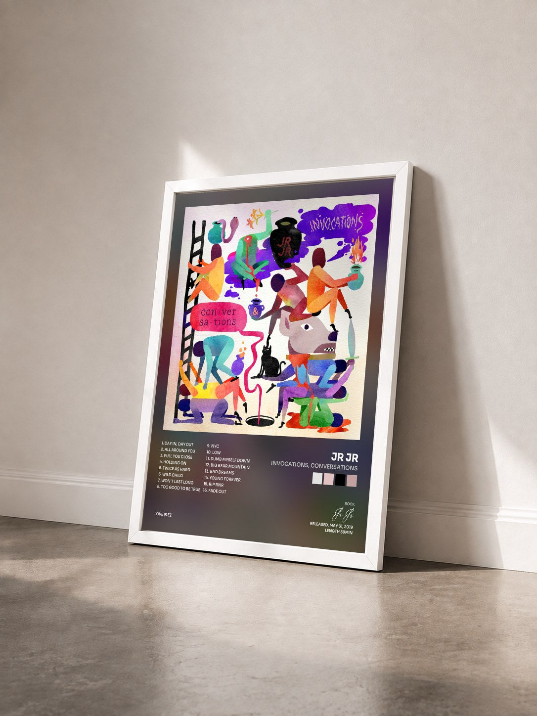 #blanc Tableau de l'album Invocations, Conversations de Jr Jr vu de trois quarts, cadre blanc