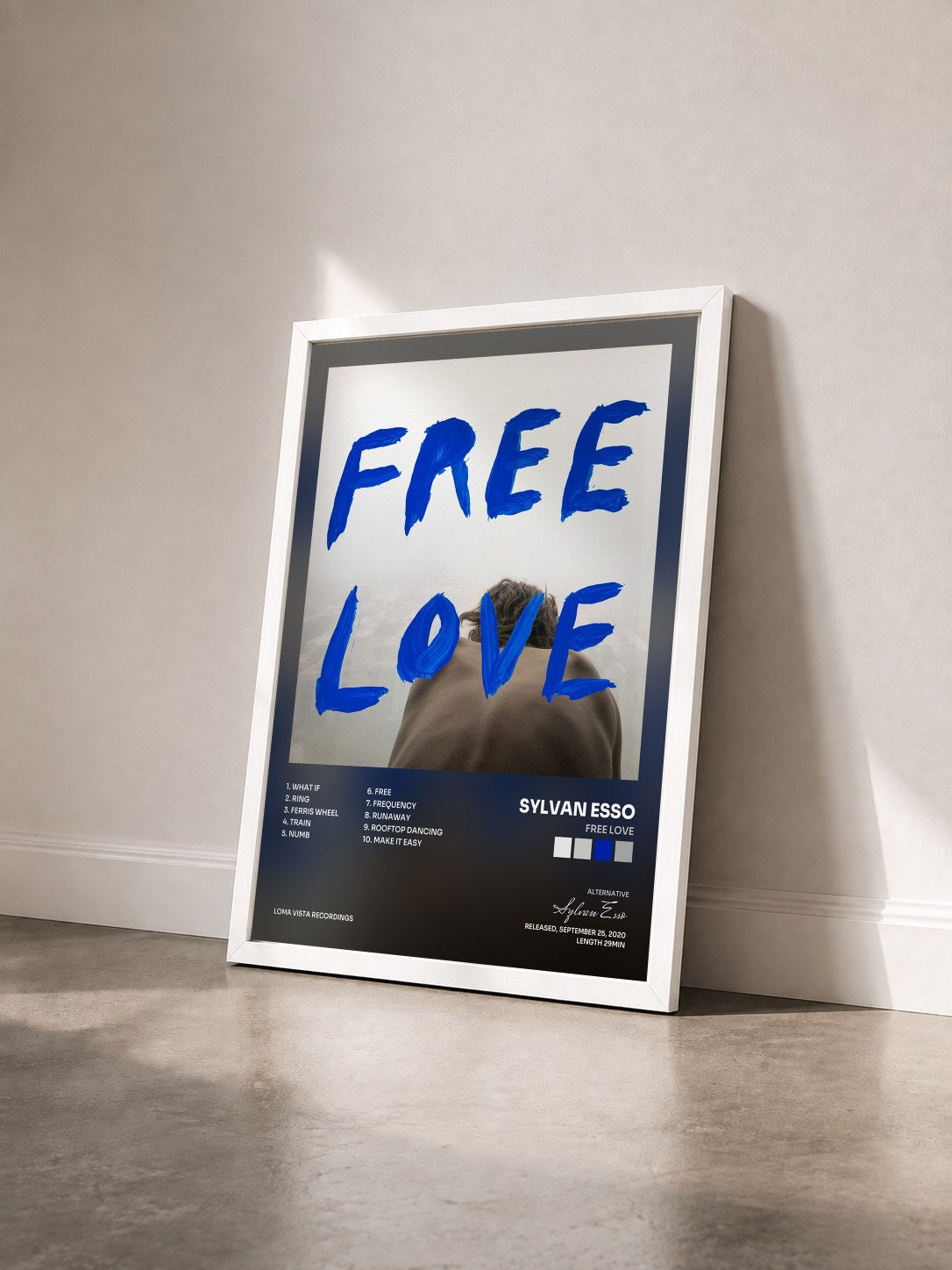 #blanc Tableau de l'album Free Love de Sylvan Esso vu de trois quarts, cadre blanc