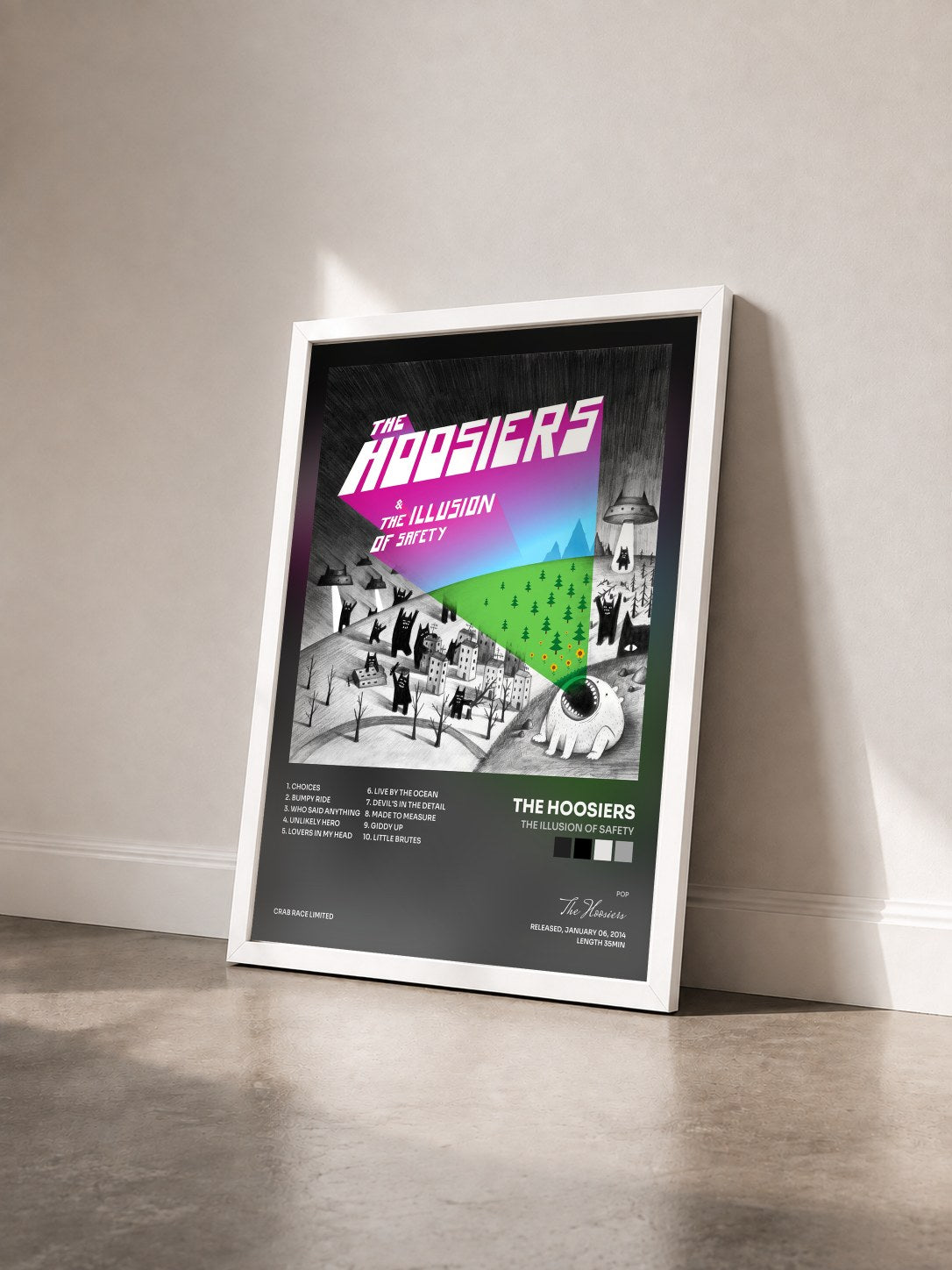 #blanc Tableau de l'album The Illusion of Safety de The Hoosiers vu de trois quarts, cadre blanc