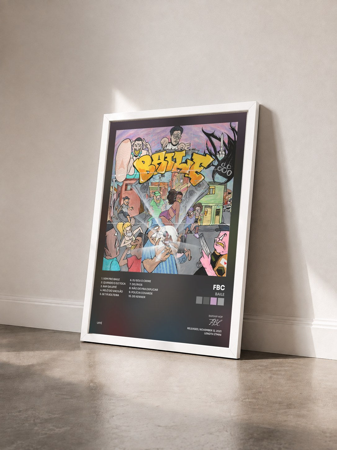 #blanc Tableau de l'album BAILE de FBC vu de trois quarts, cadre blanc