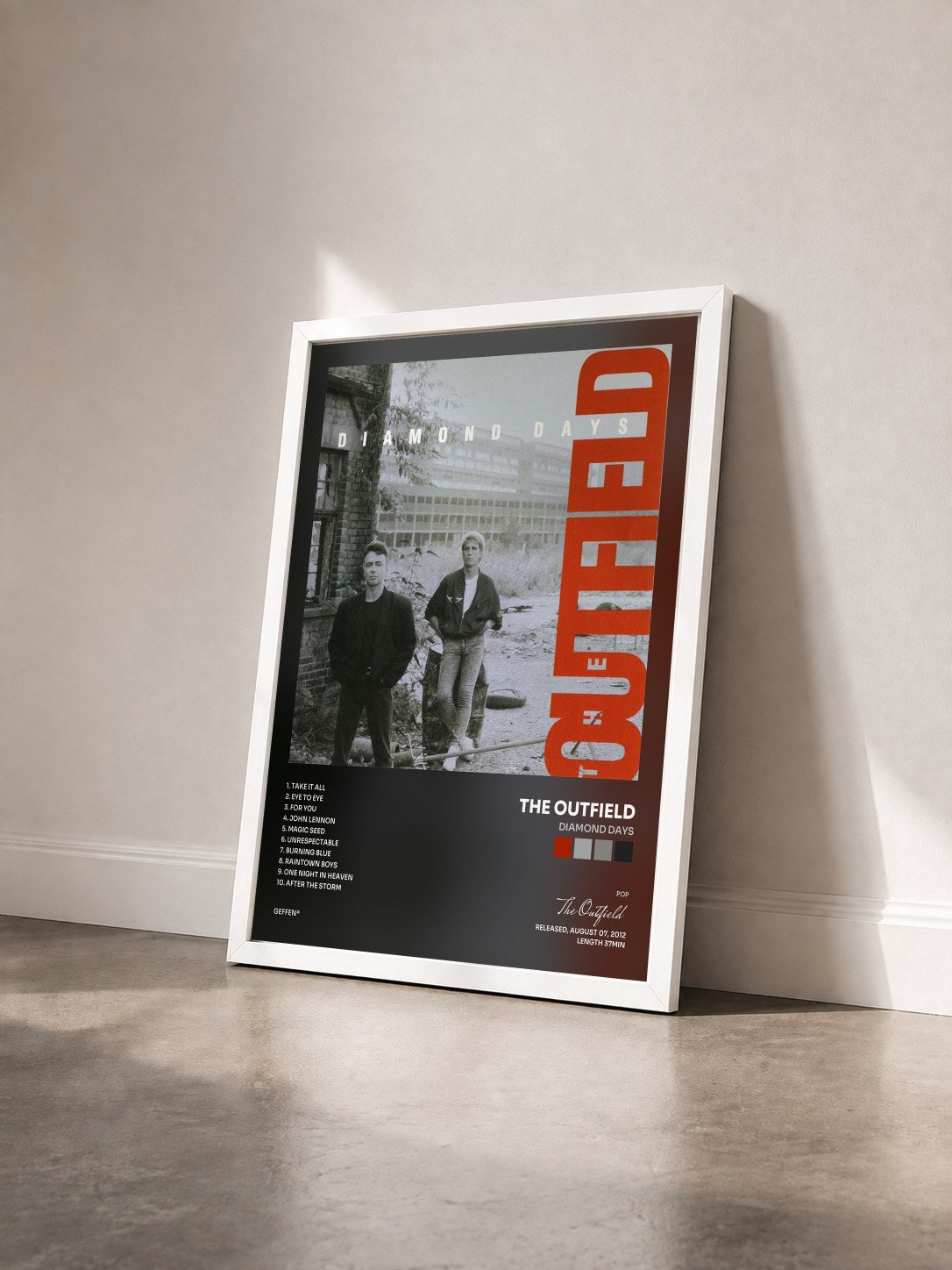 #blanc Tableau de l'album Diamond Days de The Outfield vu de trois quarts, cadre blanc