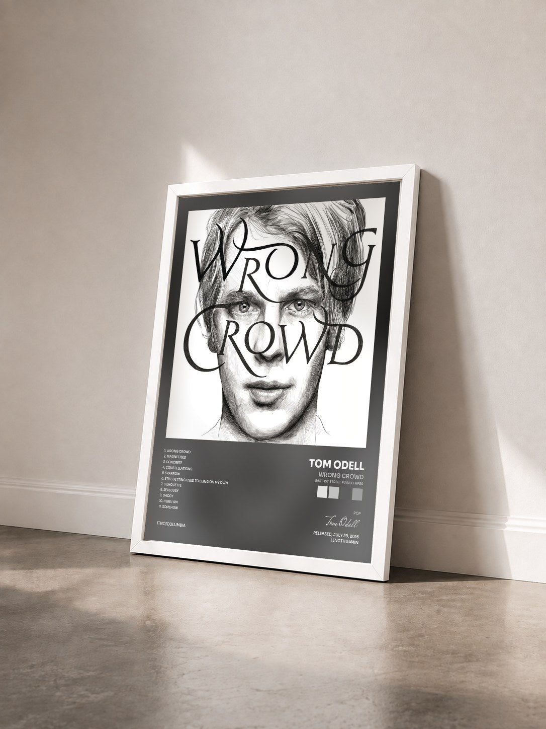 #blanc Tableau de l'album Wrong Crowd (East 1st Street Piano Tapes) de Tom Odell vu de trois quarts, cadre blanc