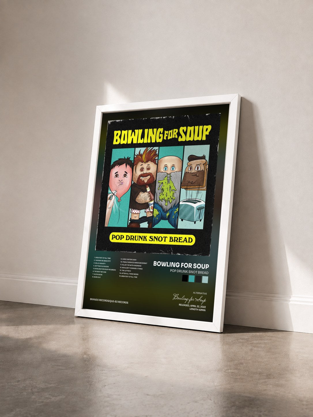 #blanc Tableau de l'album Pop Drunk Snot Bread de Bowling for Soup vu de trois quarts, cadre blanc