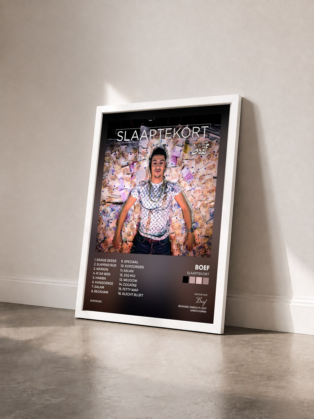 #blanc Tableau de l'album Slaaptekort de Boef vu de trois quarts, cadre blanc