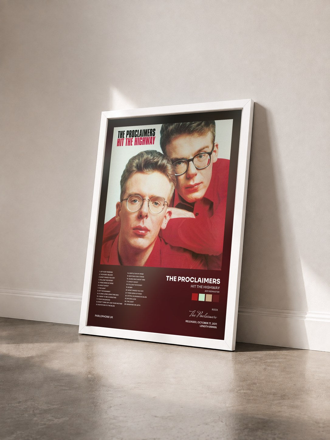 #blanc Tableau de l'album Hit the Highway (2011 Remaster) de The Proclaimers vu de trois quarts, cadre blanc