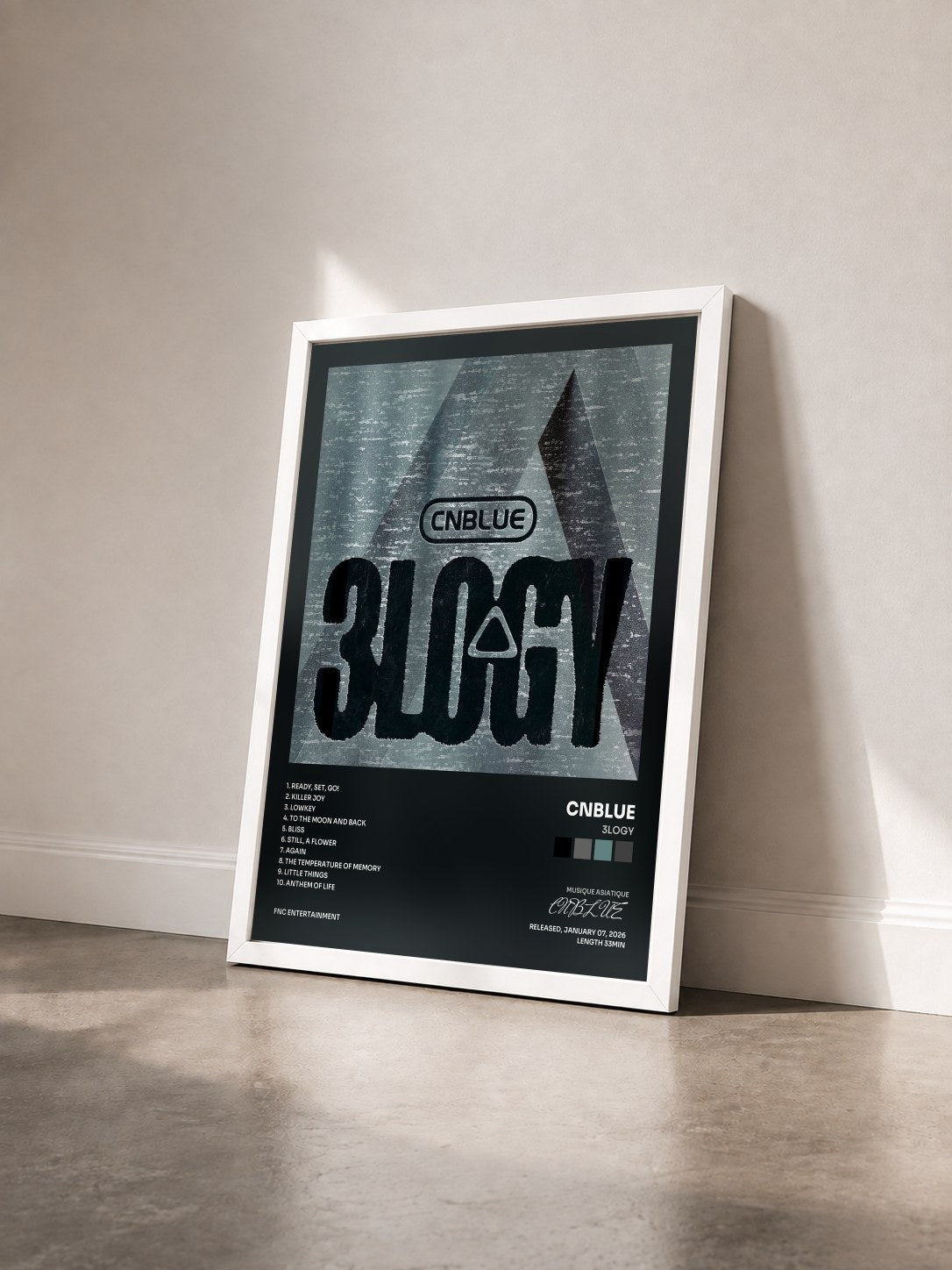 #blanc Tableau de l'album 3LOGY de CNBLUE vu de trois quarts, cadre blanc