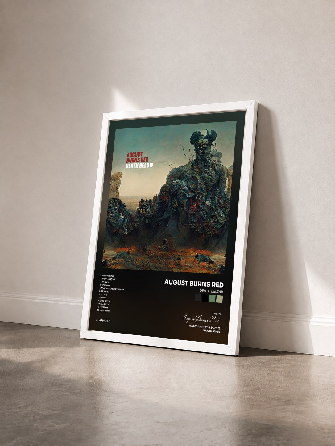#blanc Tableau de l'album Death Below de August Burns Red vu de trois quarts, cadre blanc