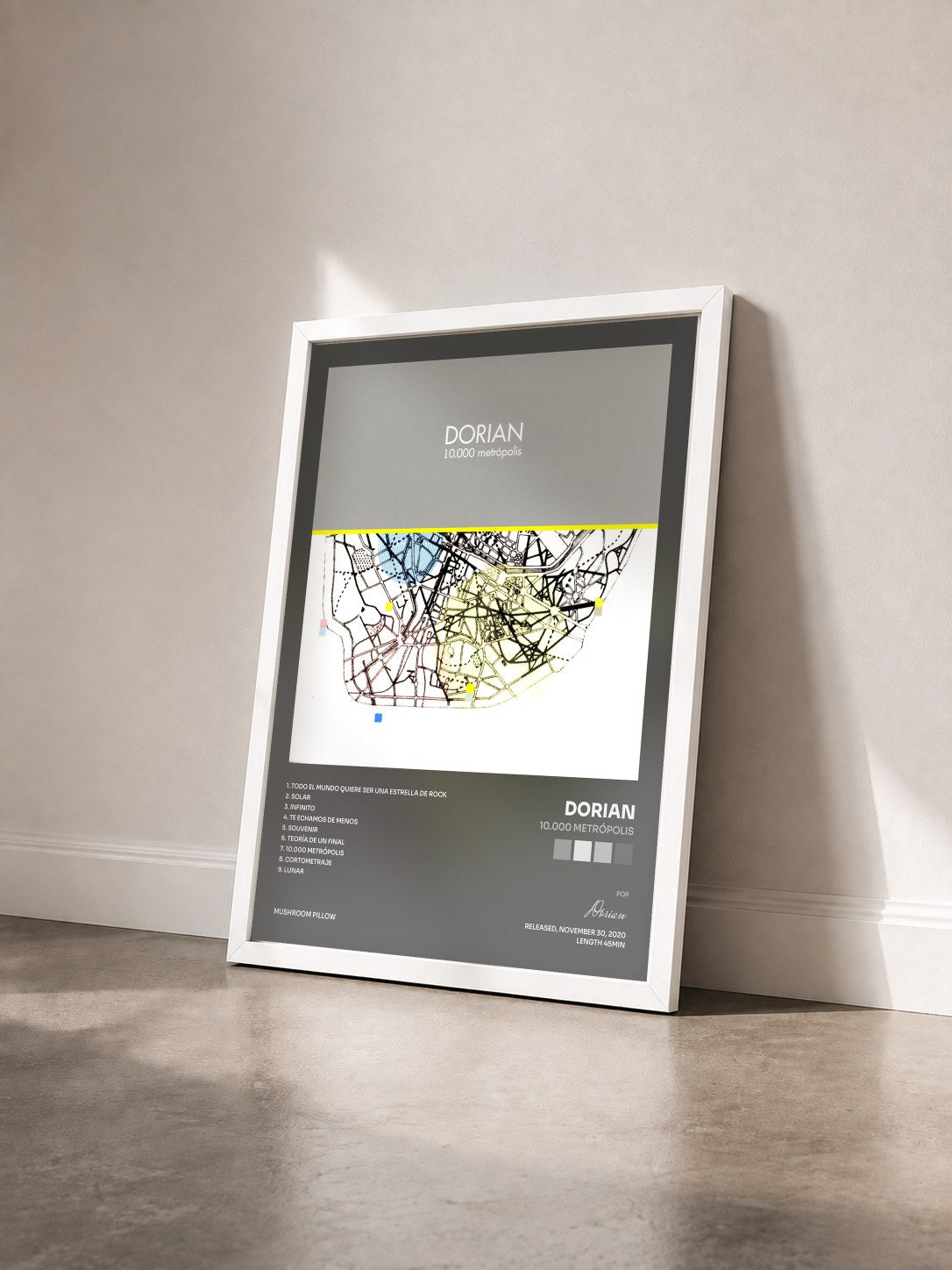 #blanc Tableau de l'album 10.000 Metrópolis de Dorian vu de trois quarts, cadre blanc