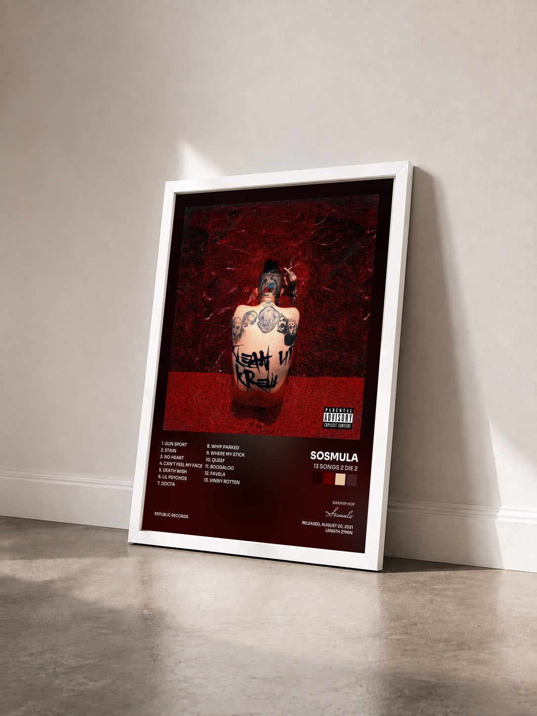 #blanc Tableau de l'album 13 SONGS 2 DIE 2 de Sosmula vu de trois quarts, cadre blanc