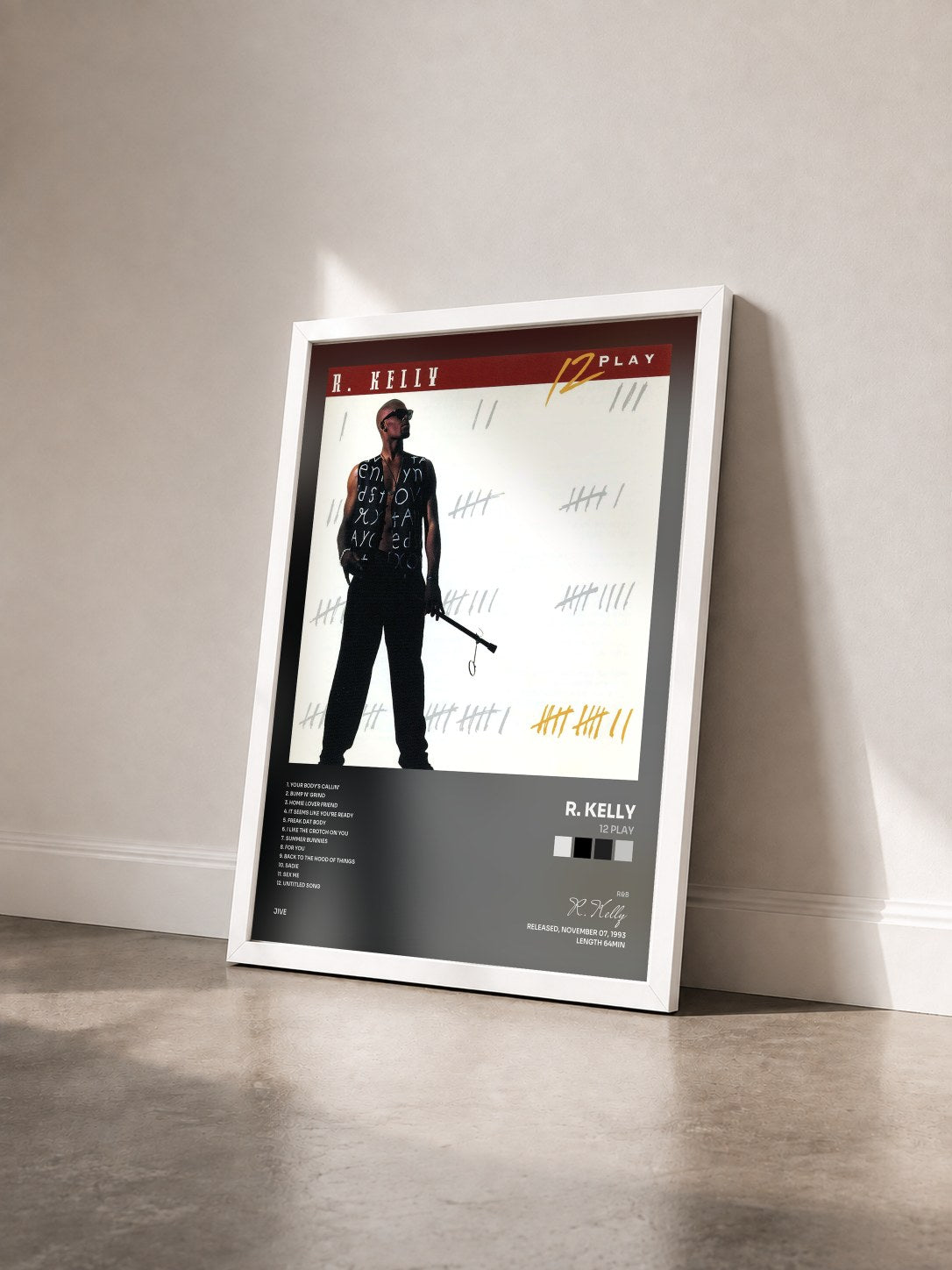 #blanc Tableau de l'album 12 Play de R. Kelly vu de trois quarts, cadre blanc