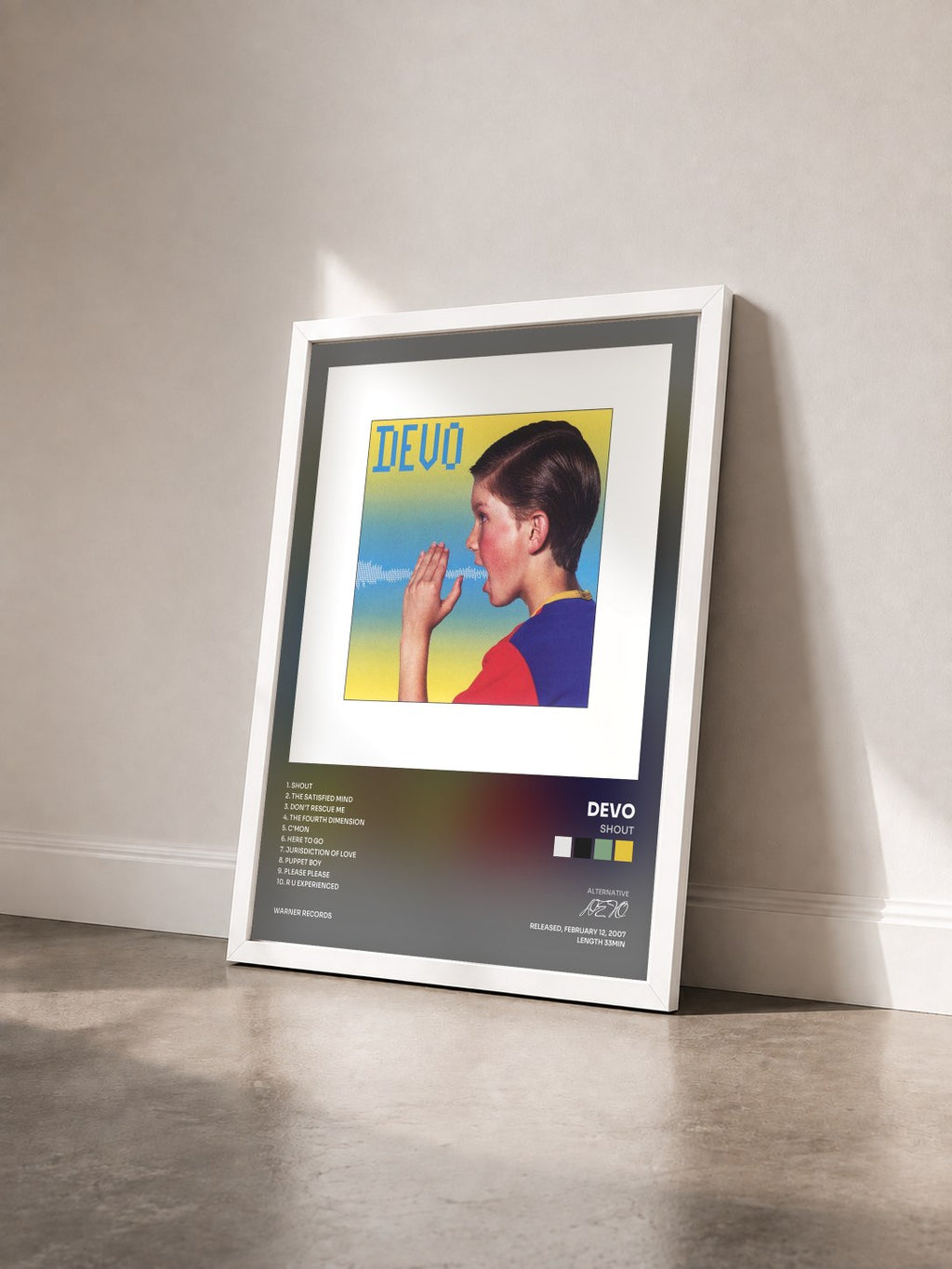 #blanc Tableau de l'album Shout de DEVO vu de trois quarts, cadre blanc