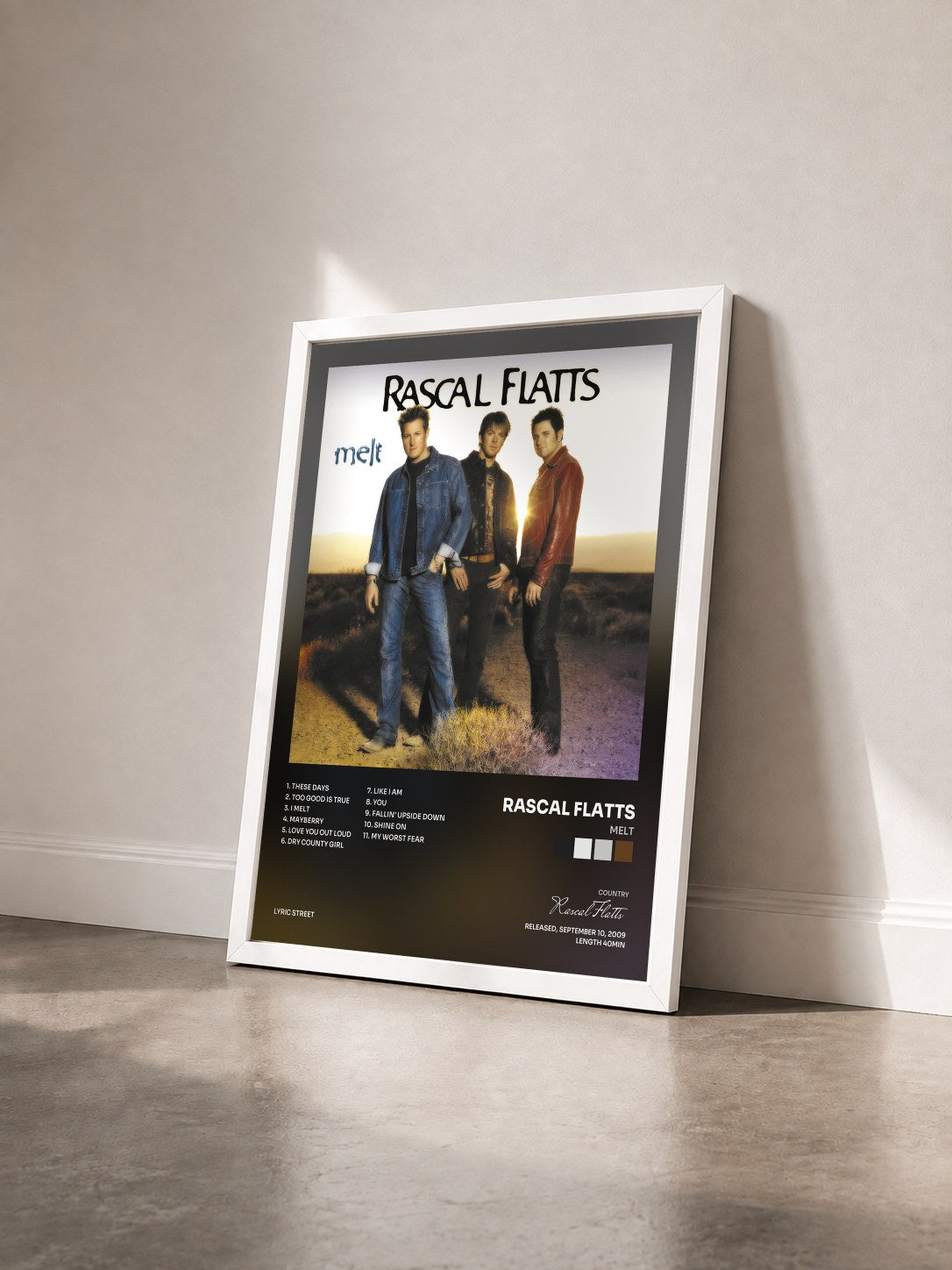 #blanc Tableau de l'album Melt de Rascal Flatts vu de trois quarts, cadre blanc