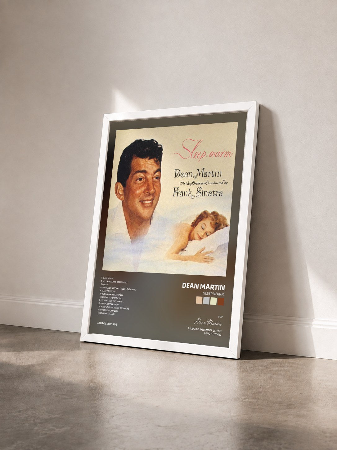 #blanc Tableau de l'album Sleep Warm de Dean Martin vu de trois quarts, cadre blanc