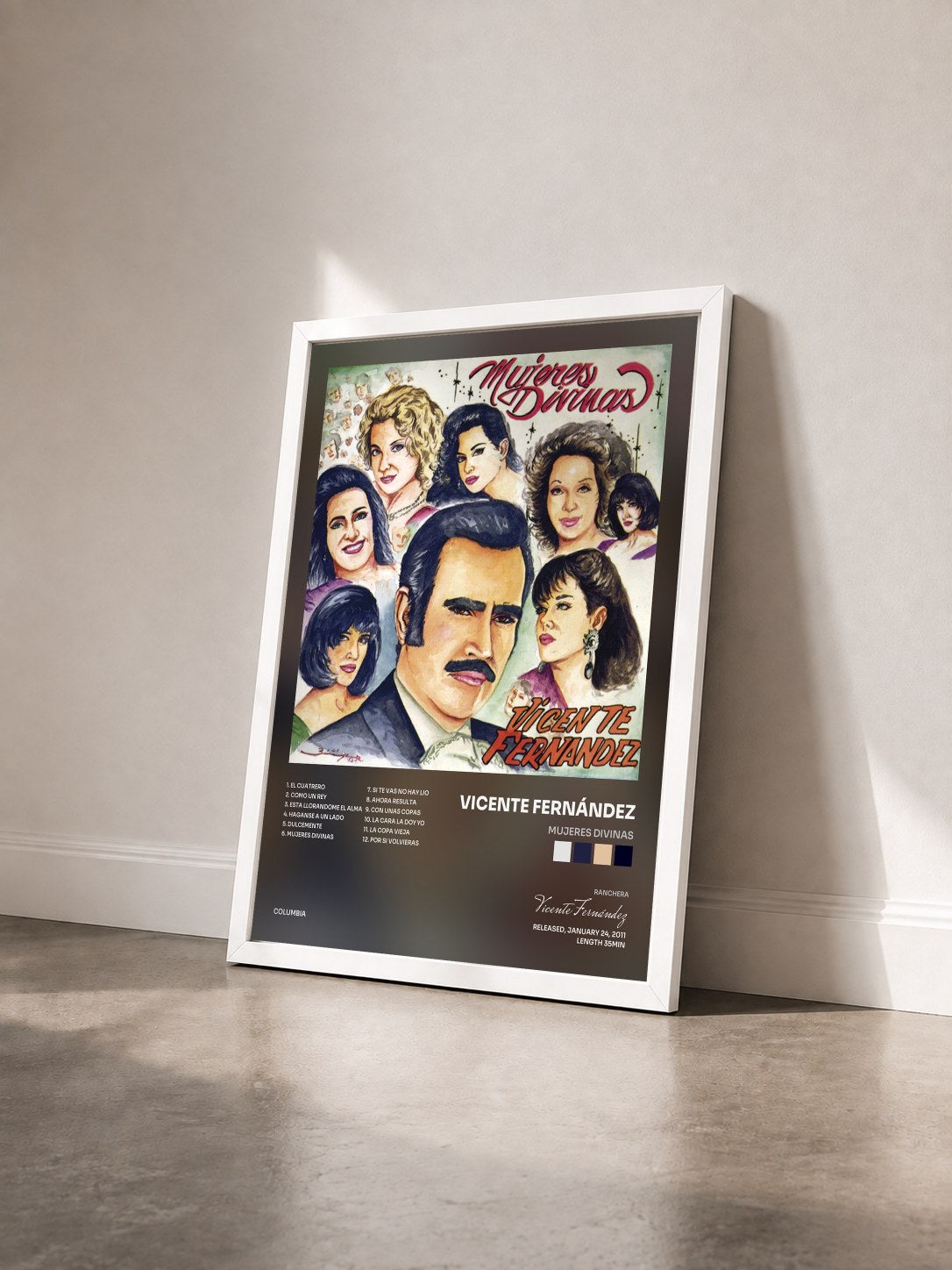 #blanc Tableau de l'album Mujeres Divinas de Vicente Fernández vu de trois quarts, cadre blanc