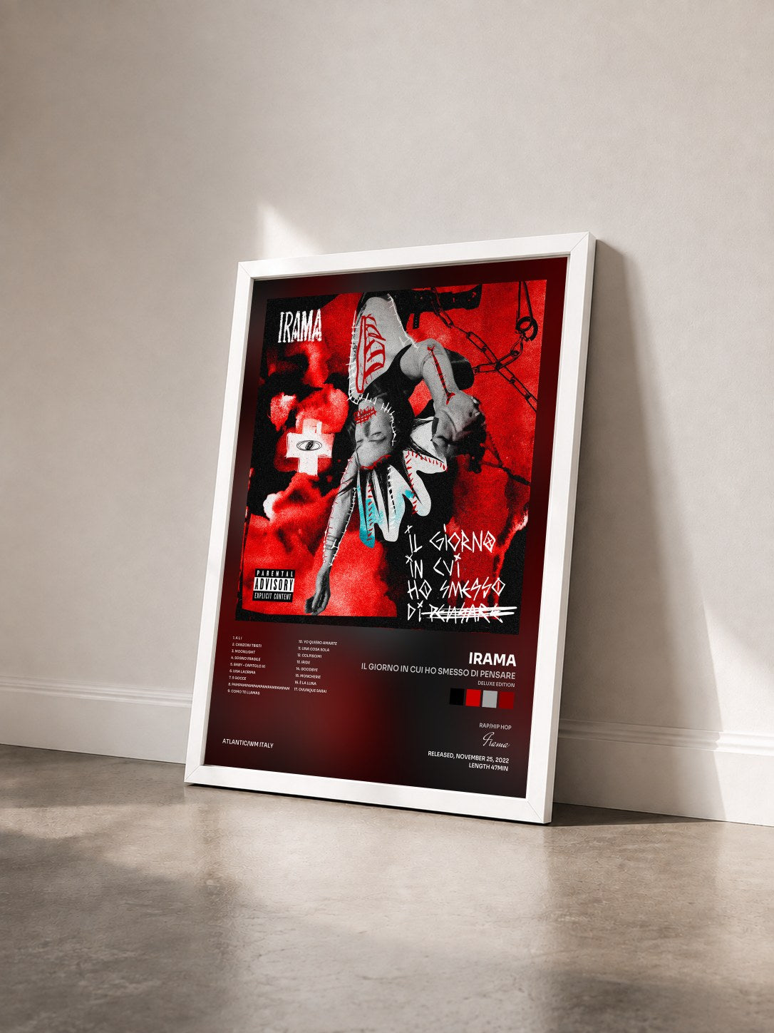#blanc Tableau de l'album Il giorno in cui ho smesso di pensare (Deluxe Edition) de Irama vu de trois quarts, cadre blanc