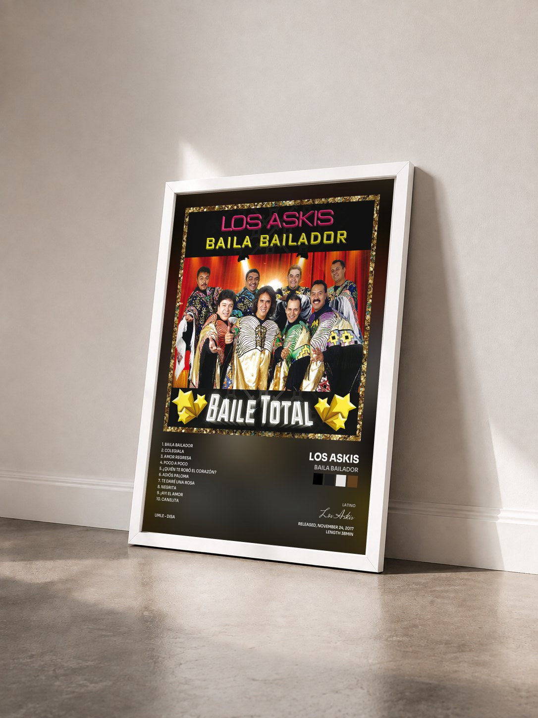 #blanc Tableau de l'album Baila Bailador de Los Askis vu de trois quarts, cadre blanc