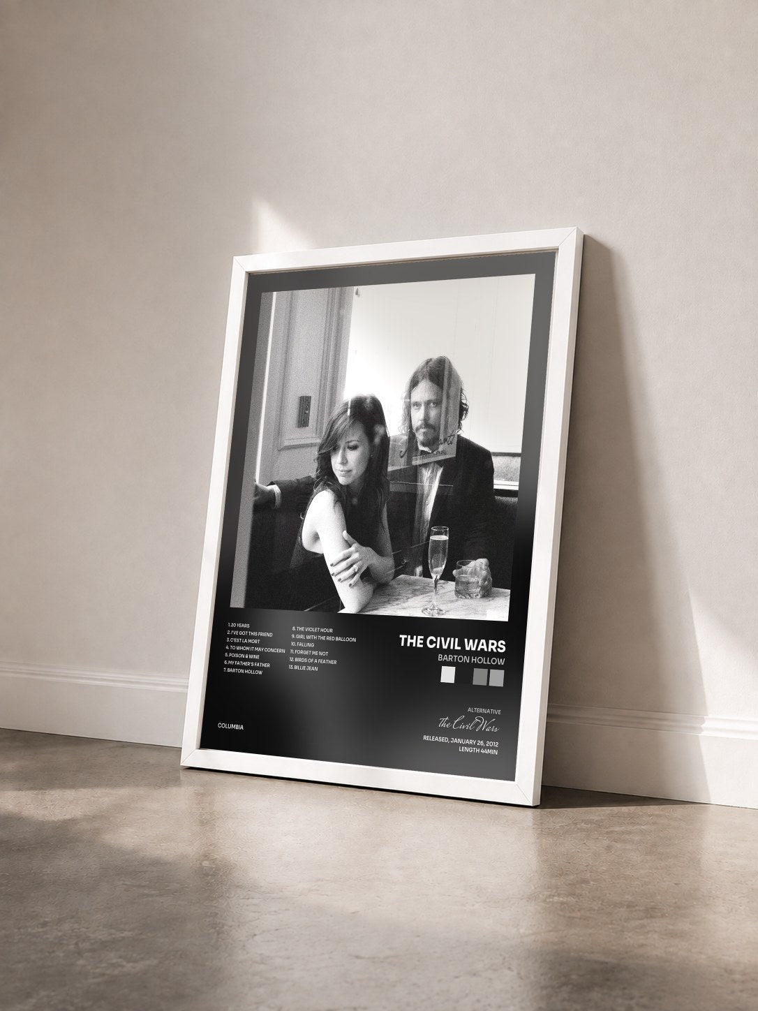 #blanc Tableau de l'album Barton Hollow de the Civil Wars vu de trois quarts, cadre blanc