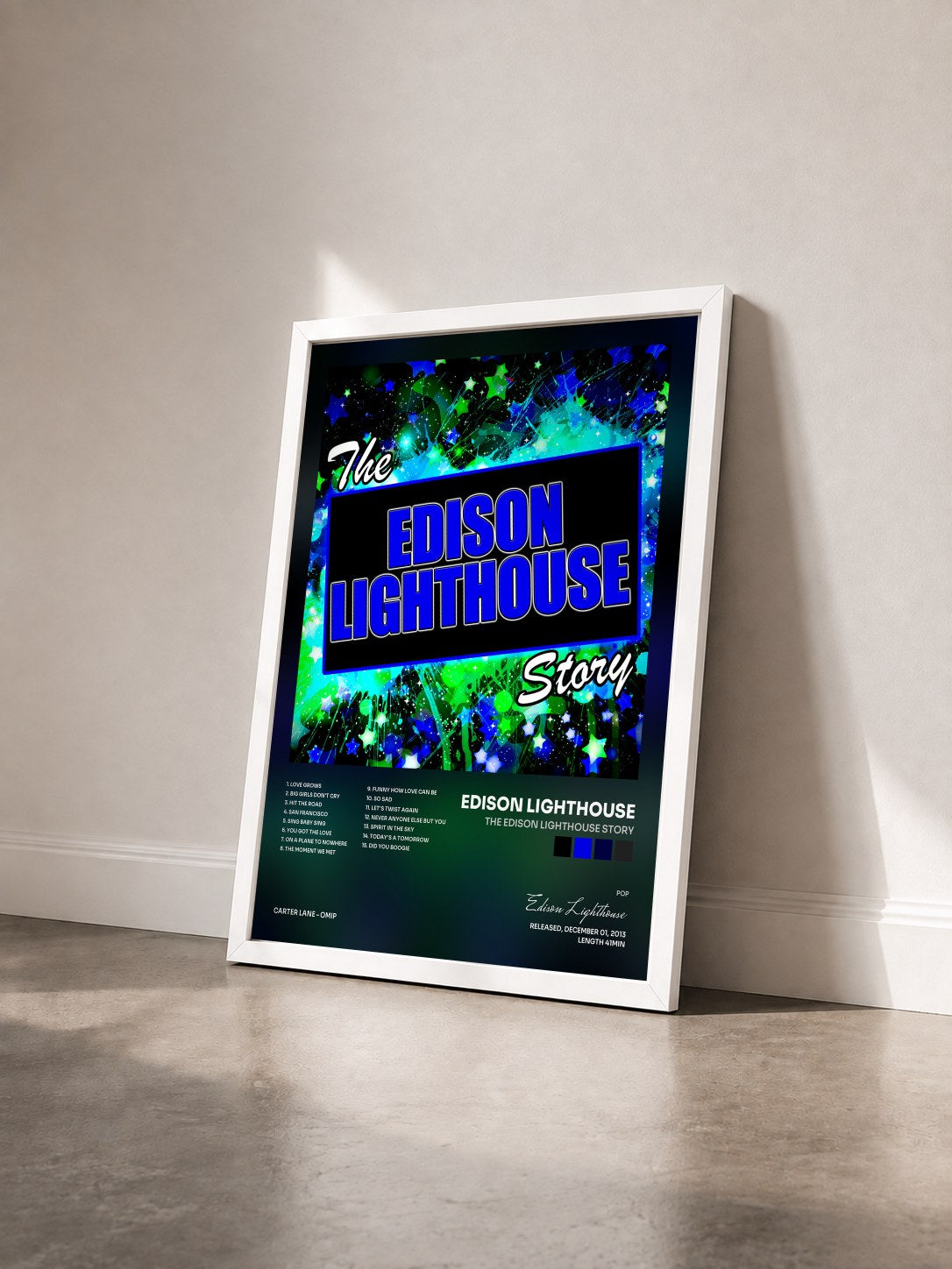 #blanc Tableau de l'album The Edison Lighthouse Story de Edison Lighthouse vu de trois quarts, cadre blanc