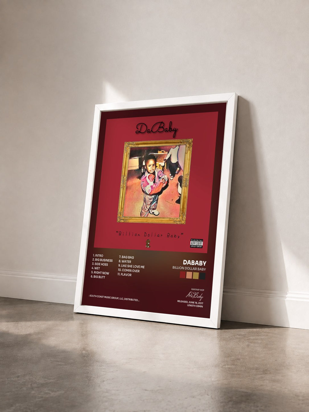#blanc Tableau de l'album Billion Dollar Baby de DaBaby vu de trois quarts, cadre blanc
