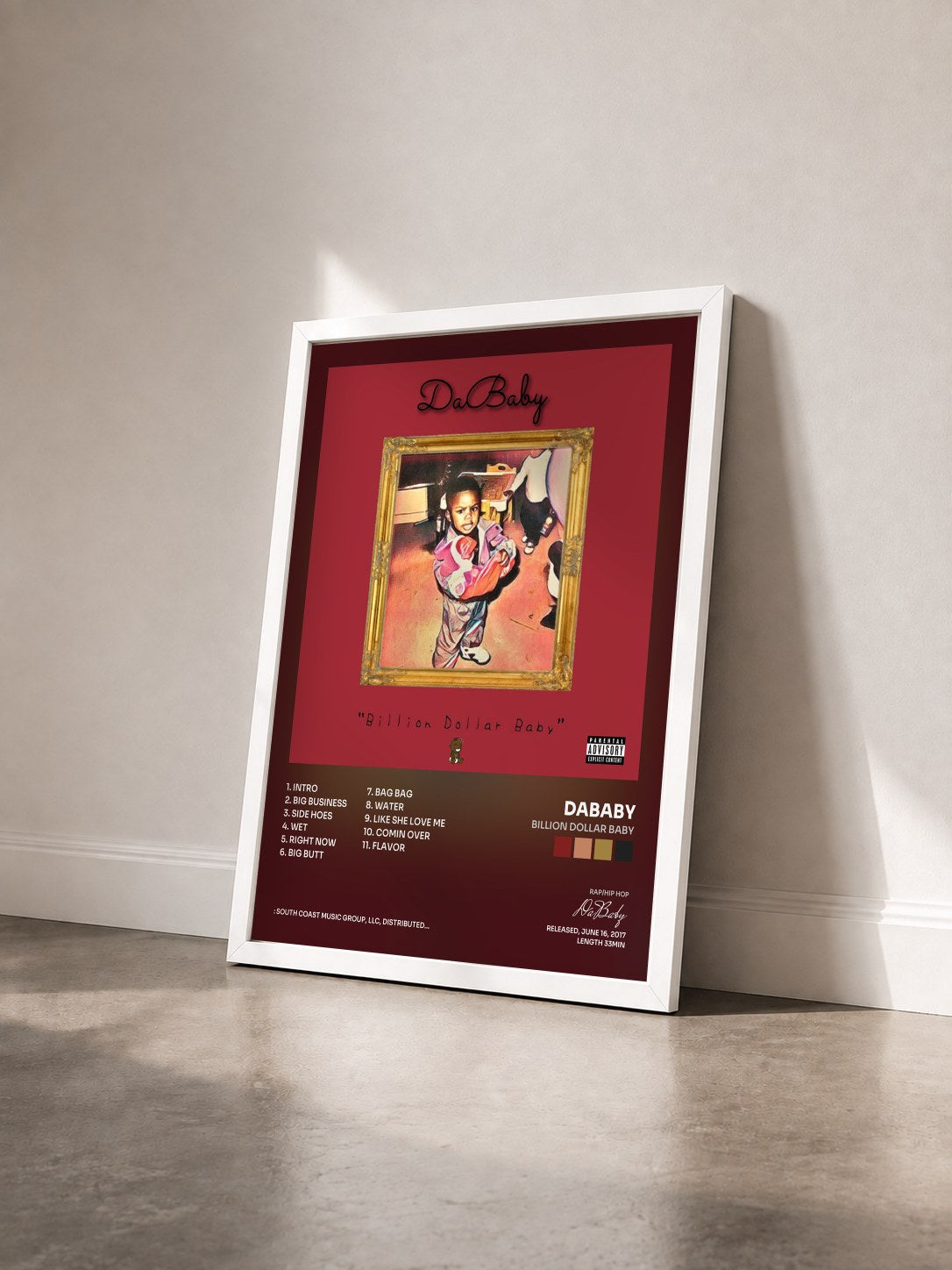 #blanc Tableau de l'album Billion Dollar Baby de DaBaby vu de trois quarts, cadre blanc