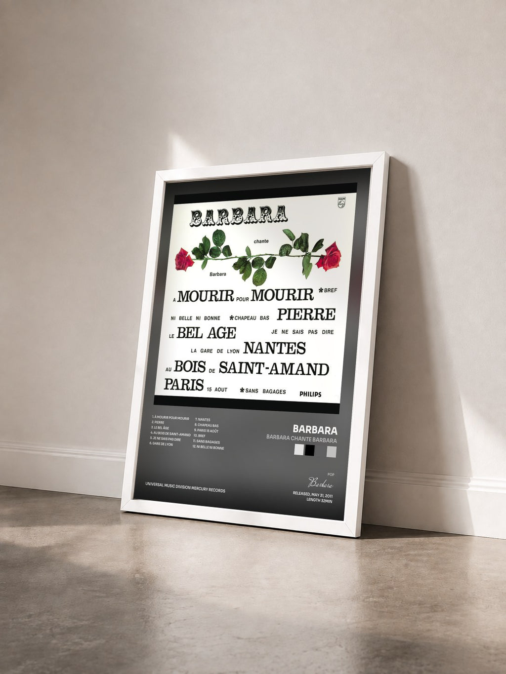 #blanc Tableau de l'album Barbara Chante Barbara de Barbara vu de trois quarts, cadre blanc