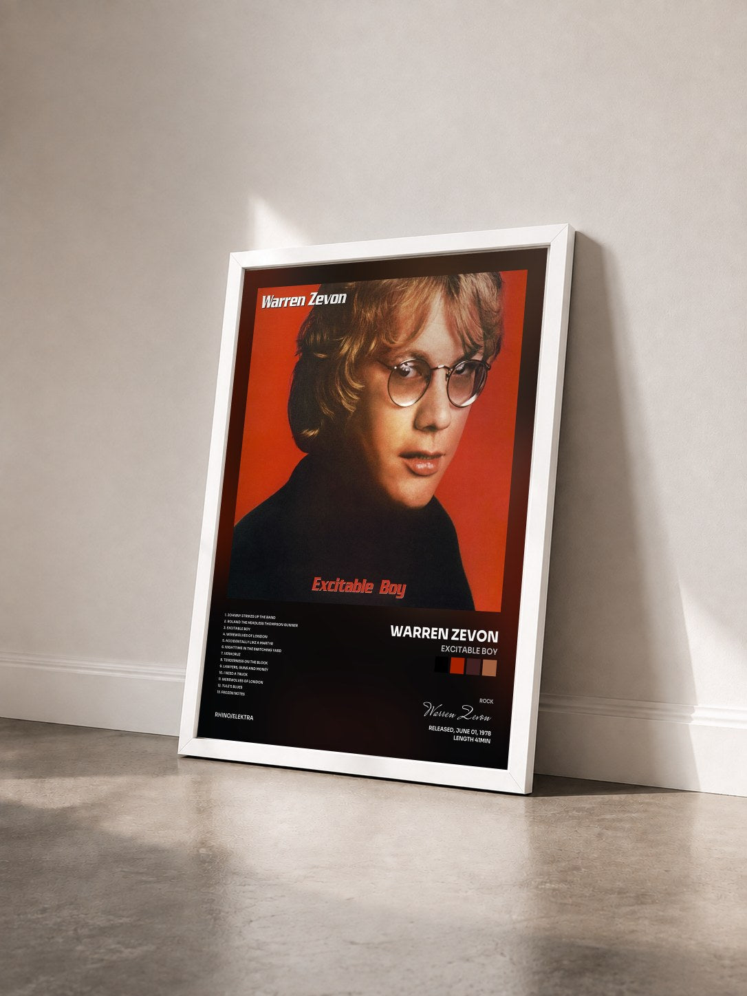 #blanc Tableau de l'album Excitable Boy de Warren Zevon vu de trois quarts, cadre blanc