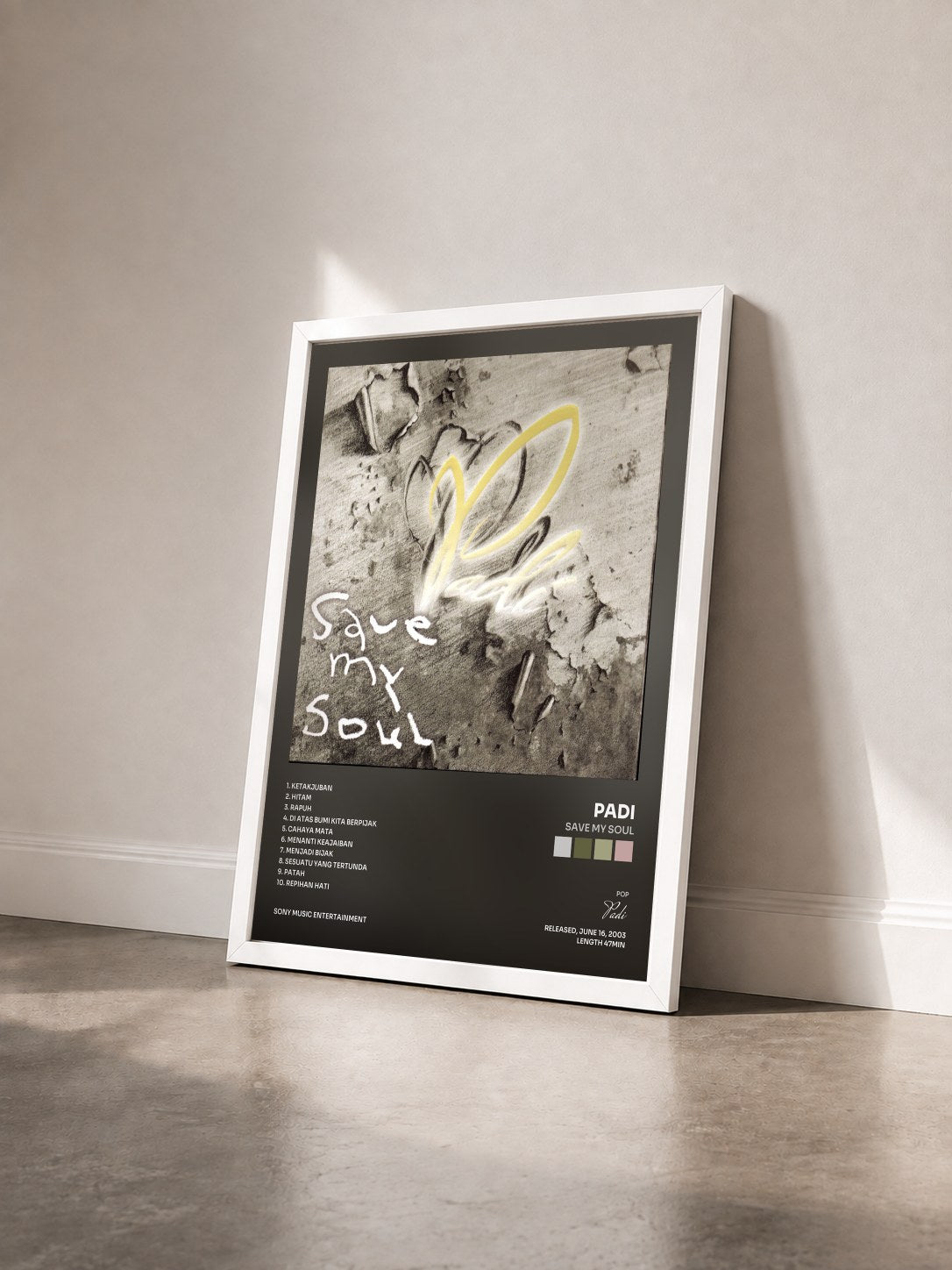 #blanc Tableau de l'album Save My Soul de Padi vu de trois quarts, cadre blanc