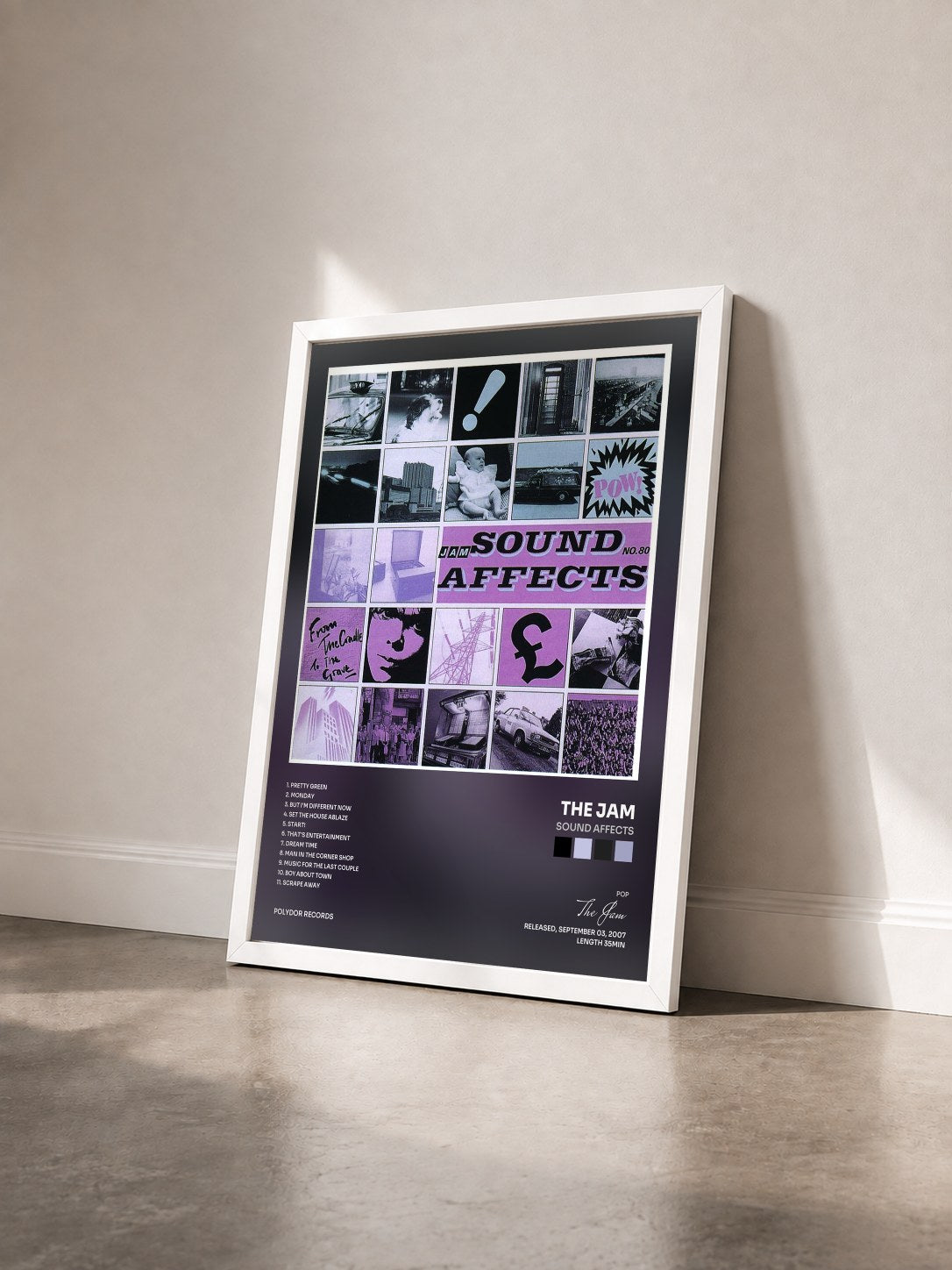 #blanc Tableau de l'album Sound Affects de The Jam vu de trois quarts, cadre blanc