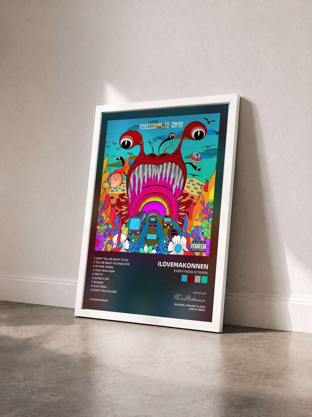 #blanc Tableau de l'album Everything Is Trash de ILoveMakonnen vu de trois quarts, cadre blanc