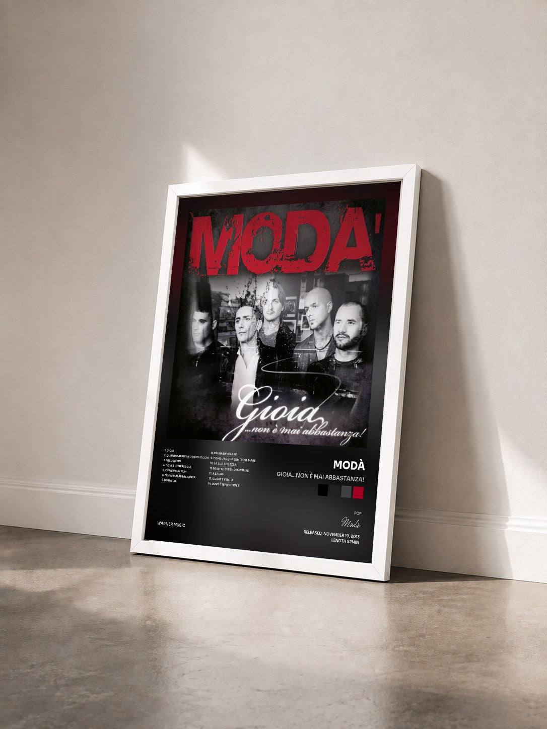 #blanc Tableau de l'album Gioia...non è mai abbastanza! de Modà vu de trois quarts, cadre blanc