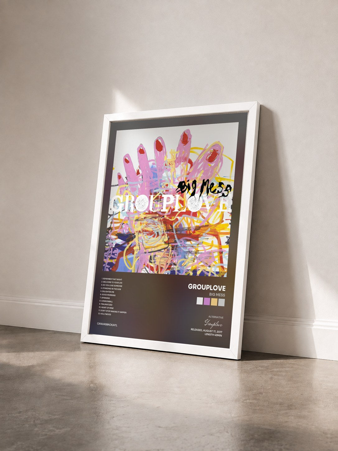 #blanc Tableau de l'album Big Mess de Grouplove vu de trois quarts, cadre blanc