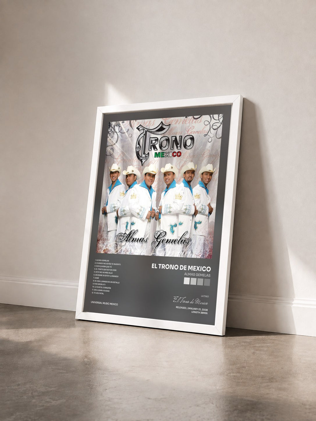 #blanc Tableau de l'album Almas Gemelas de El Trono de Mexico vu de trois quarts, cadre blanc