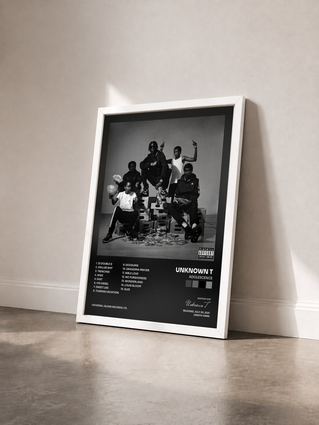 #blanc Tableau de l'album Adolescence de Unknown T vu de trois quarts, cadre blanc