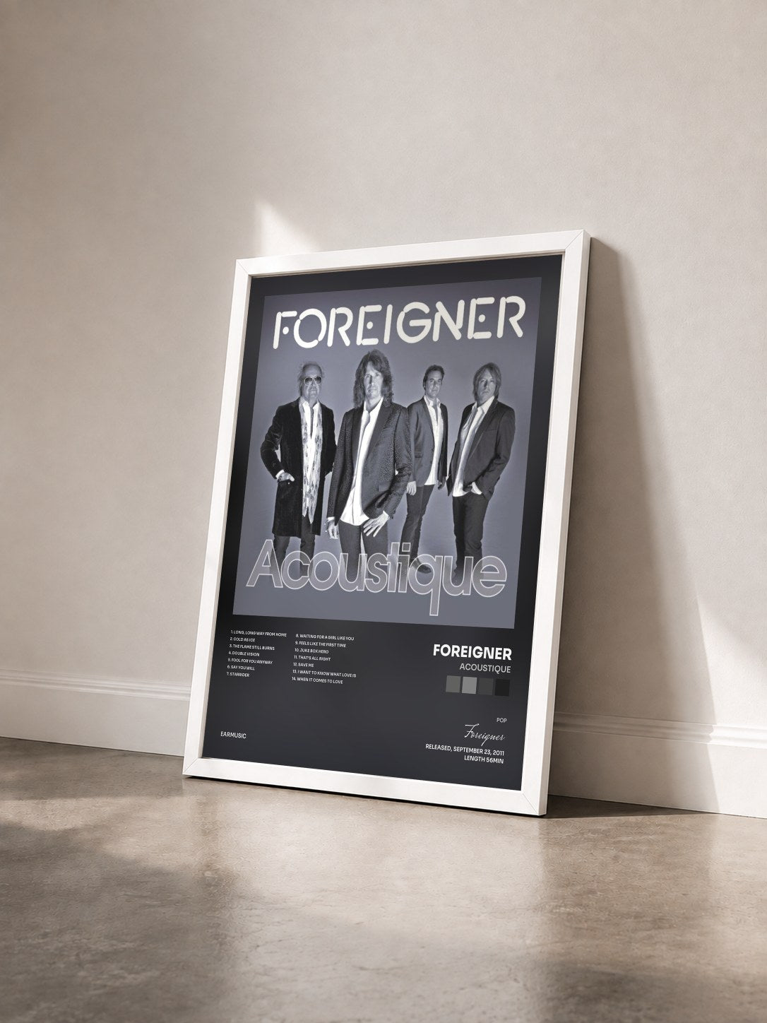 #blanc Tableau de l'album Acoustique de Foreigner vu de trois quarts, cadre blanc