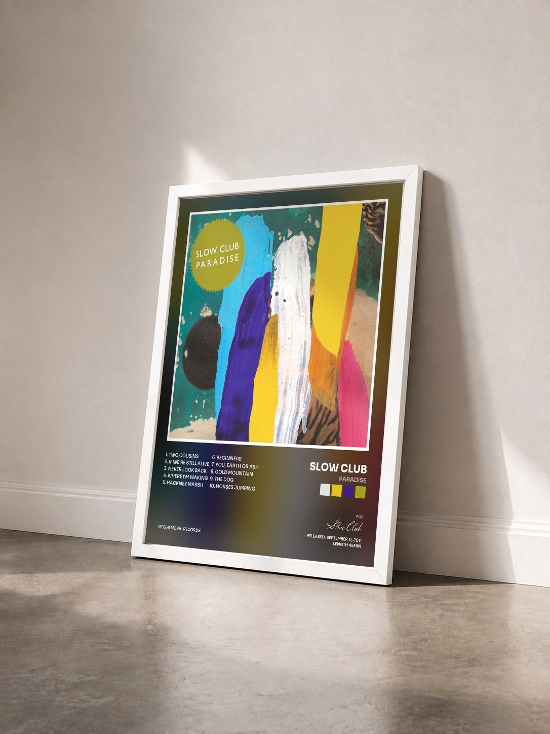 #blanc Tableau de l'album Paradise de Slow Club vu de trois quarts, cadre blanc