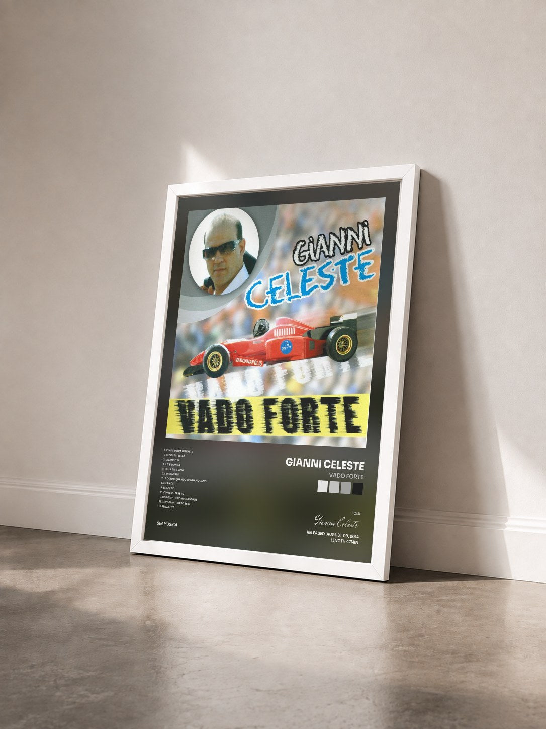 #blanc Tableau de l'album Vado forte de Gianni Celeste vu de trois quarts, cadre blanc