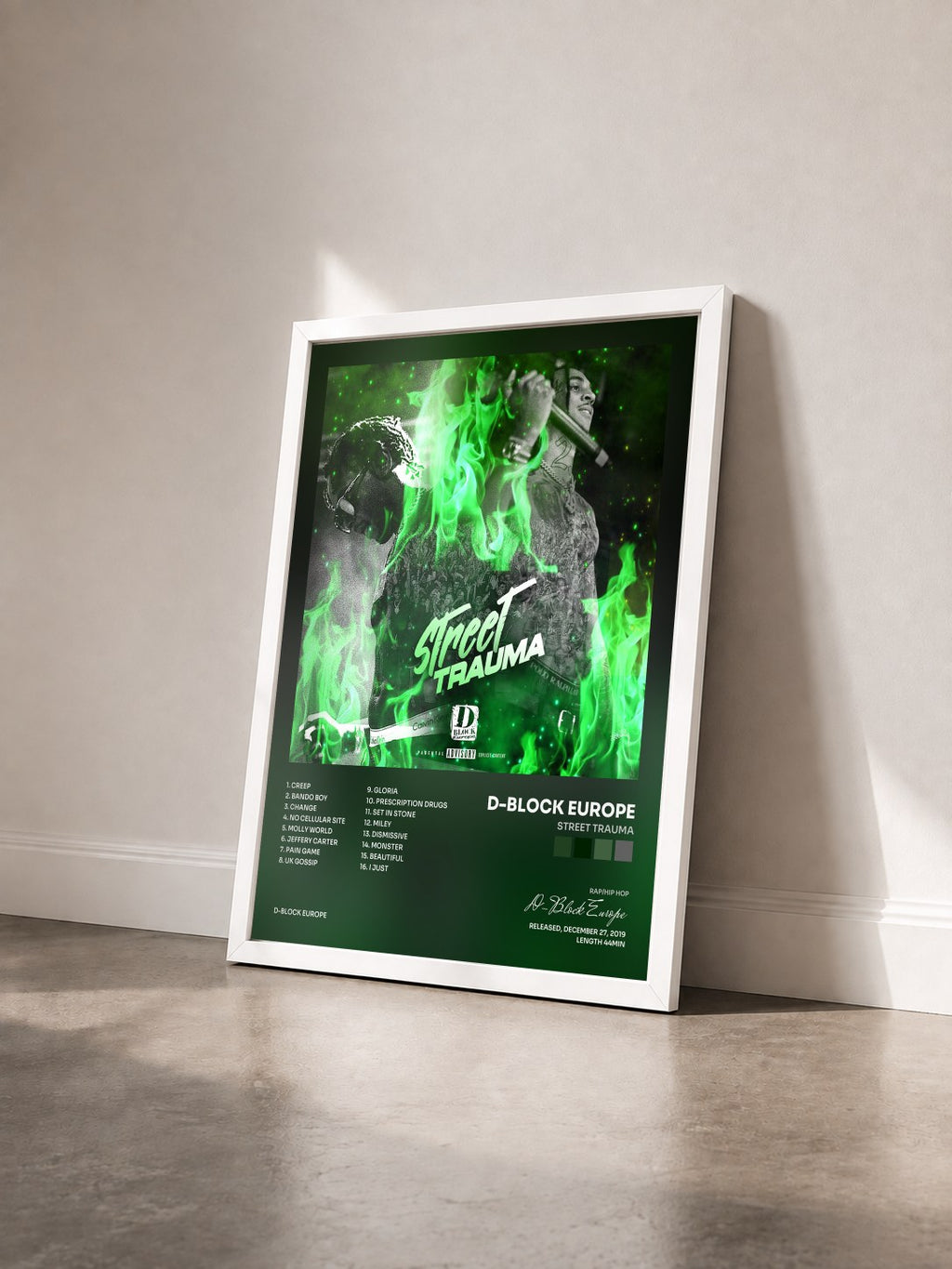 #blanc Tableau de l'album Street Trauma de D-Block Europe vu de trois quarts, cadre blanc