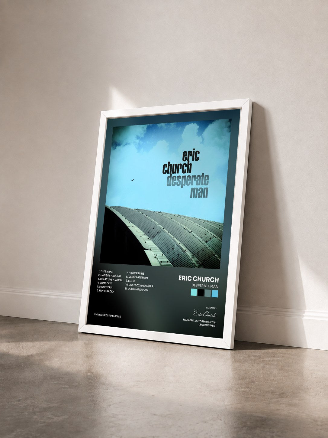#blanc Tableau de l'album Desperate Man de Eric Church vu de trois quarts, cadre blanc