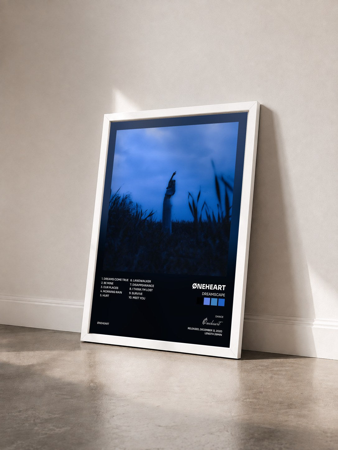 #blanc Tableau de l'album Dreamscape de Øneheart vu de trois quarts, cadre blanc