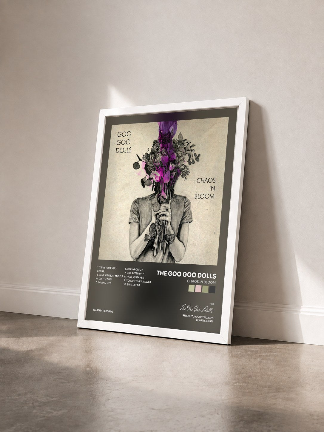 #blanc Tableau de l'album Chaos In Bloom de The Goo Goo Dolls vu de trois quarts, cadre blanc