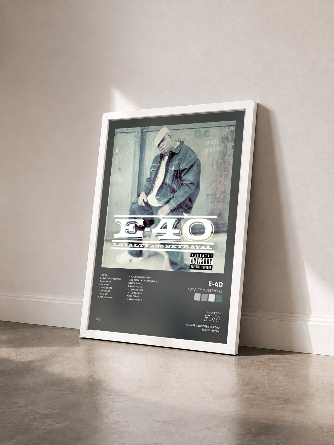 #blanc Tableau de l'album Loyalty & Betrayal de E-40 vu de trois quarts, cadre blanc