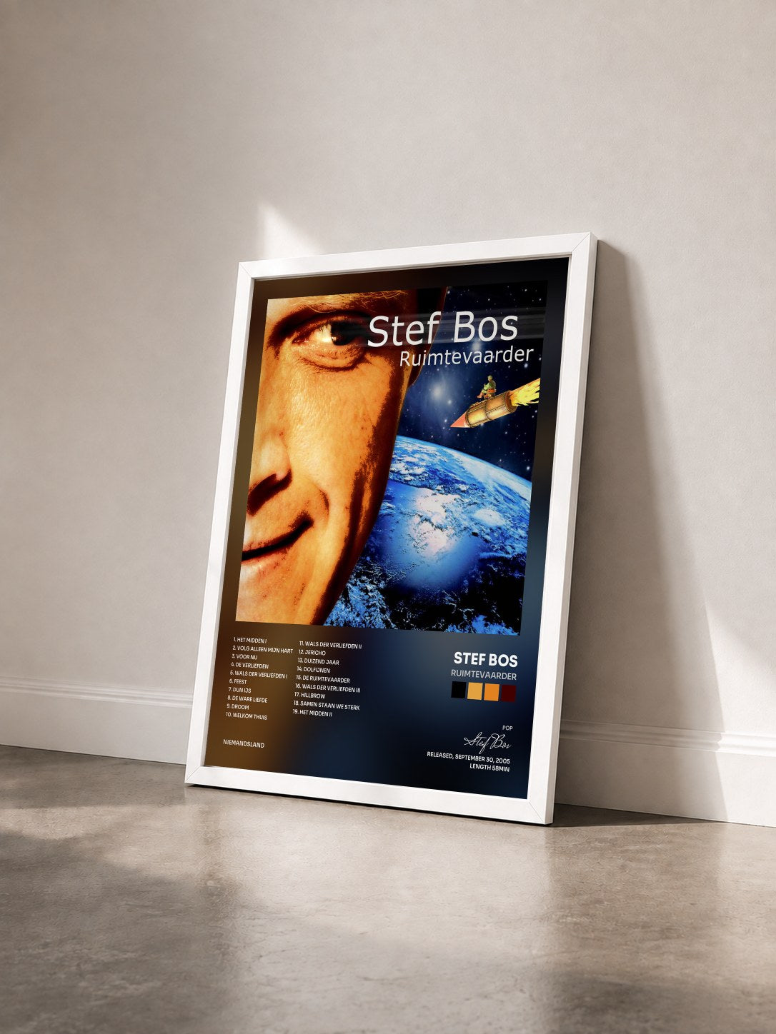#blanc Tableau de l'album Ruimtevaarder de Stef Bos vu de trois quarts, cadre blanc