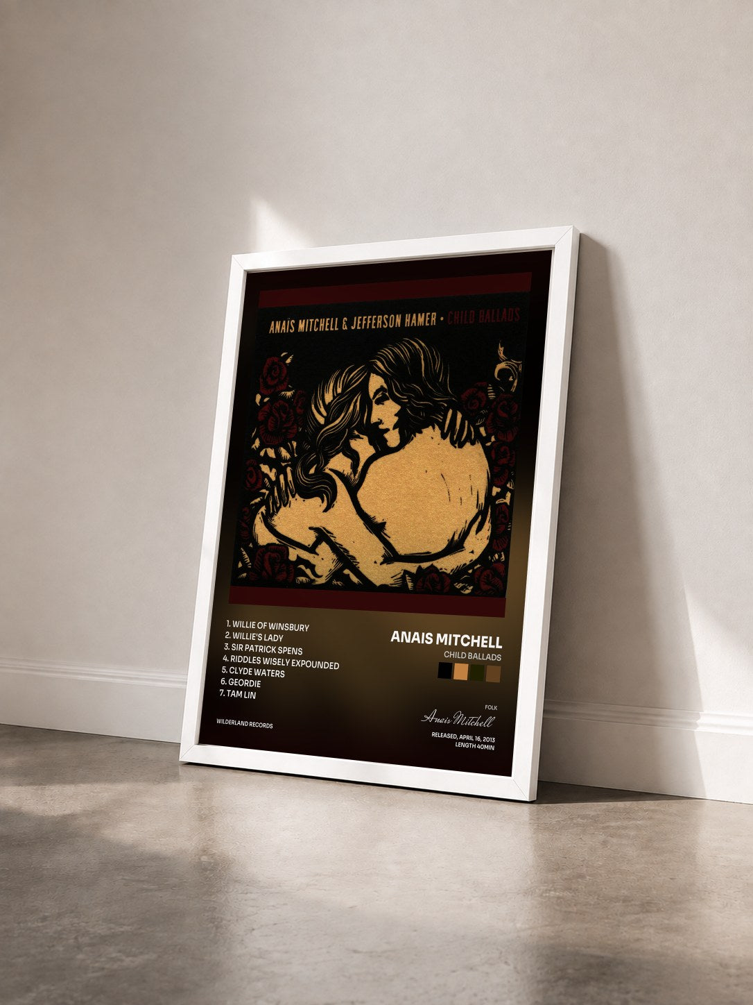 #blanc Tableau de l'album Child Ballads de Anais Mitchell vu de trois quarts, cadre blanc