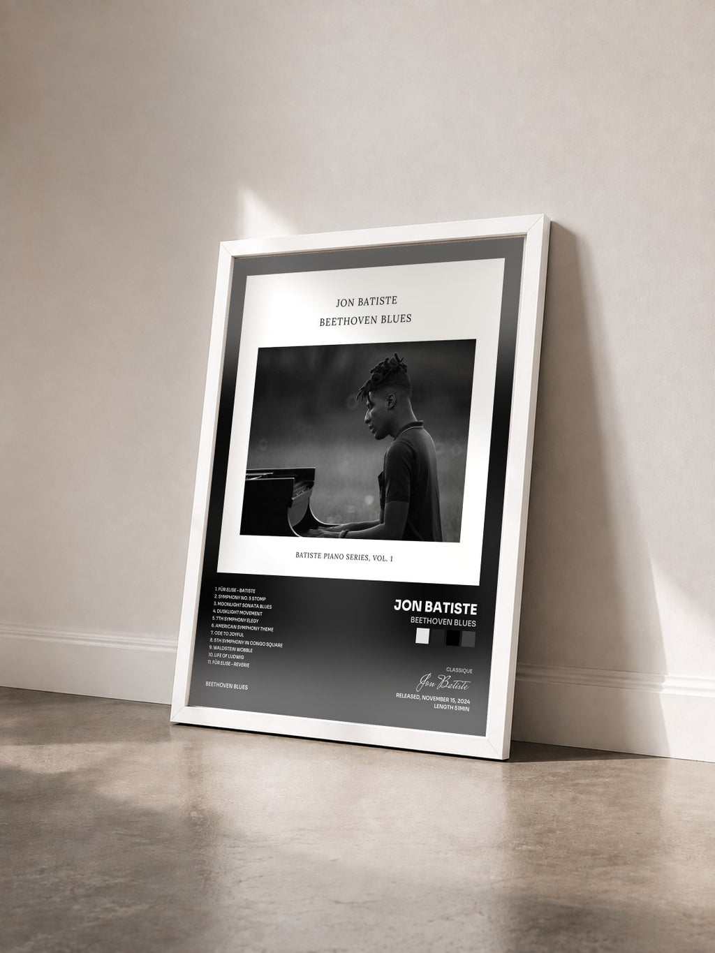 #blanc Tableau de l'album Beethoven Blues de Jon Batiste vu de trois quarts, cadre blanc