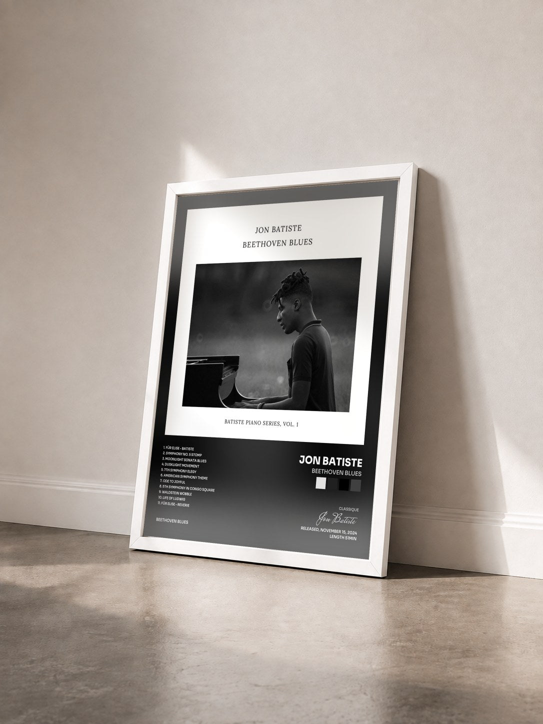 #blanc Tableau de l'album Beethoven Blues de Jon Batiste vu de trois quarts, cadre blanc