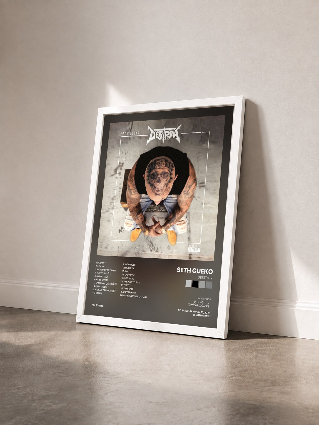 #blanc Tableau de l'album Destroy de Seth Gueko vu de trois quarts, cadre blanc
