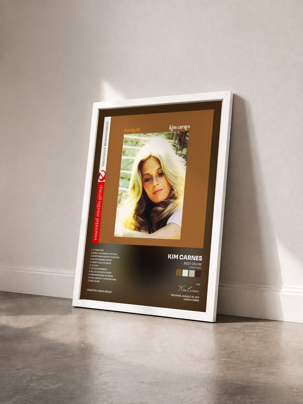 #blanc Tableau de l'album Rest on Me (Remastered) de Kim Carnes vu de trois quarts, cadre blanc